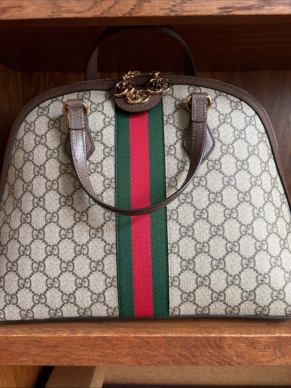 Gucci Beige GG Supreme Canvas Satchel with Green and Red Web